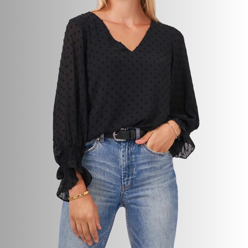 Vince Camuto Black Dotted V-Neck Long Sleeve Blouse Top Size M Smocked Cuff Chic